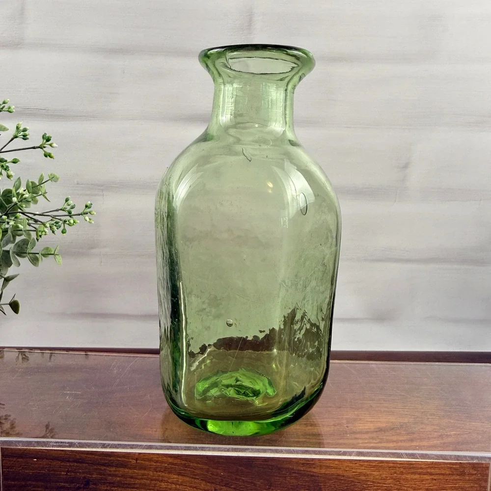 Hand Blown Green Glass Bud Vase Bottle Olive Green Artisan Vase
